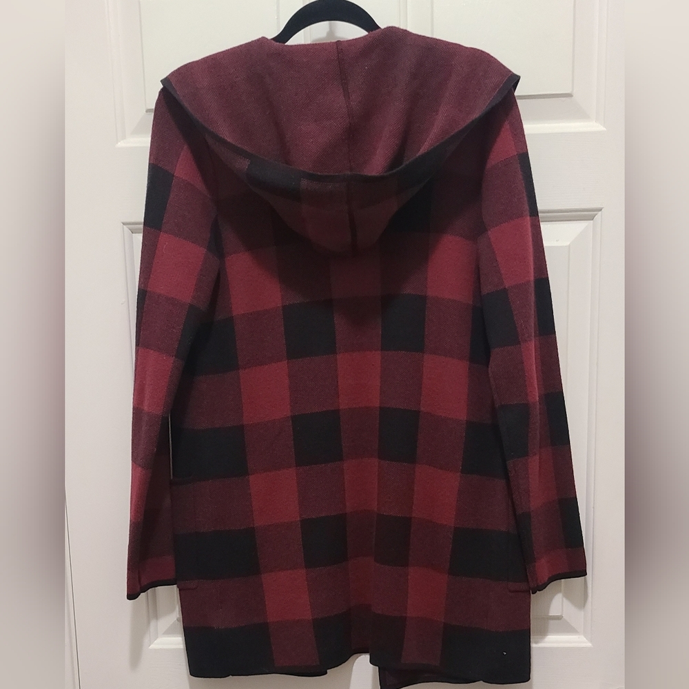 Adrienne Vittadini Open Front Shawl Collar Buffalo Check Hood Cardigan Coat - Picture 5 of 5